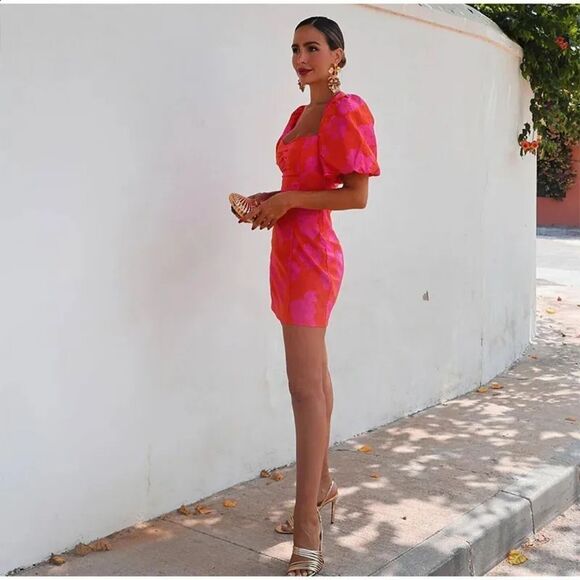 NWT ZARA PUFF SLEEVE JACQUARDβMINI DRESS Fuchsia | 8072/54 - Picture 4 of 16